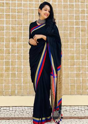 Blue  handwoven linen saree with contrast border 4