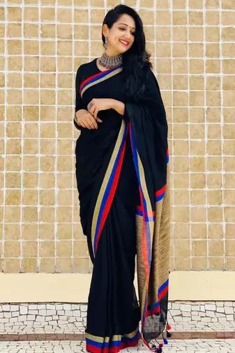 Blue  handwoven linen saree with contrast border