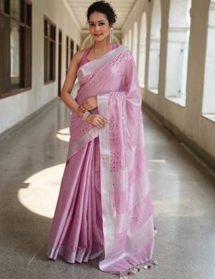 handwoven lavendar tissue linen saree with mirror work 1