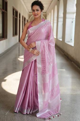 handwoven lavendar tissue linen saree with mirror work