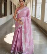 handwoven lavendar tissue linen saree with mirror work