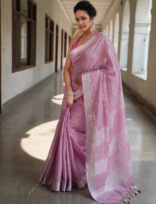 handwoven lavendar tissue linen saree with mirror work 2