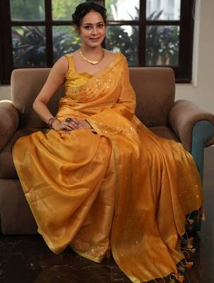 Mustard orange handwoven tissue linen saree with mirror work 5