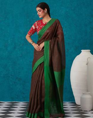 handwoven brown linen saree 1