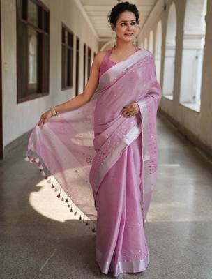 handwoven lavendar tissue linen saree with mirror work 3