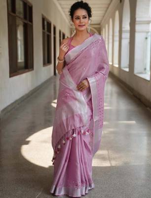 handwoven lavendar tissue linen saree with mirror work 4
