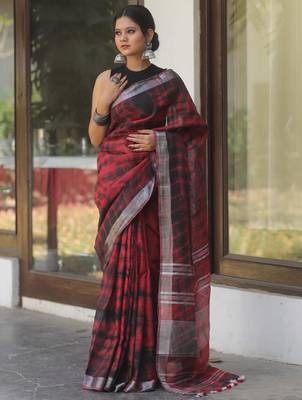 Red and black handwoven shibori print linen saree 1