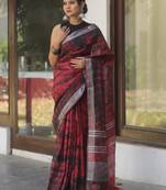 Red and black handwoven shibori print linen saree