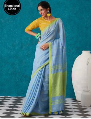 handwoven light blue checks linen saree 1