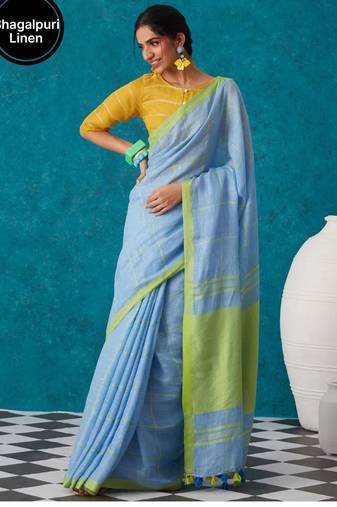 handwoven light blue checks linen saree