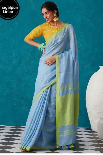 handwoven light blue checks linen saree