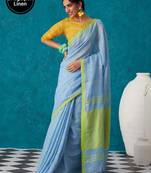 handwoven light blue checks linen saree