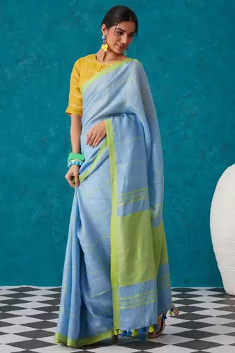 handwoven light blue checks linen saree