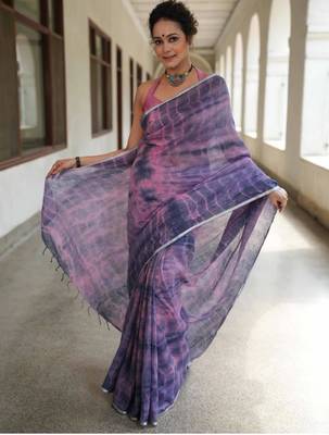 Blue and lavender handwoven shibori print linen saree 2