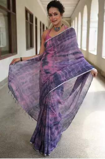 Blue and lavender handwoven shibori print linen saree