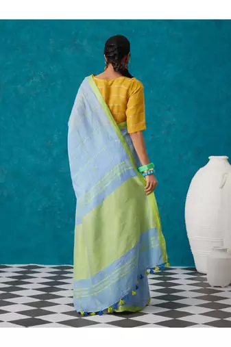 handwoven light blue checks linen saree