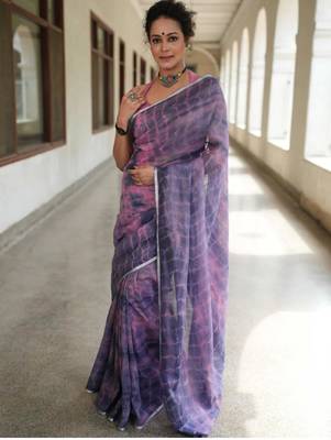 Blue and lavender handwoven shibori print linen saree 3