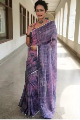 Blue and lavender handwoven shibori print linen saree