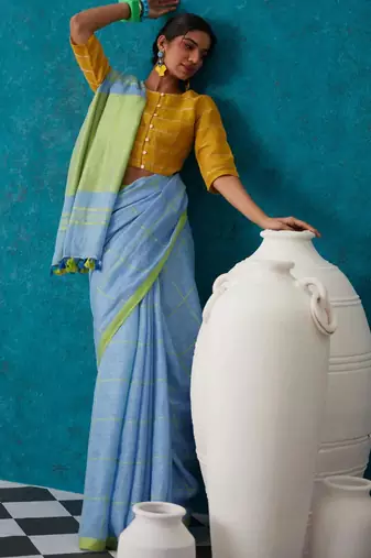 handwoven light blue checks linen saree