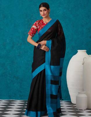 handwoven black linen saree 1
