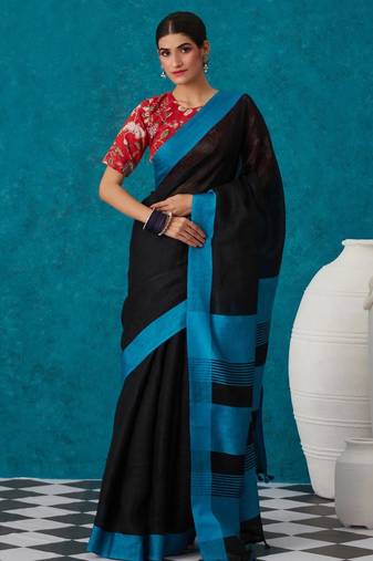 handwoven black linen saree