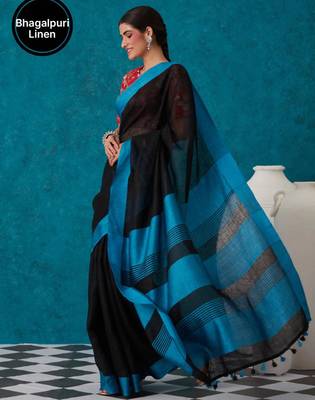 handwoven black linen saree 2
