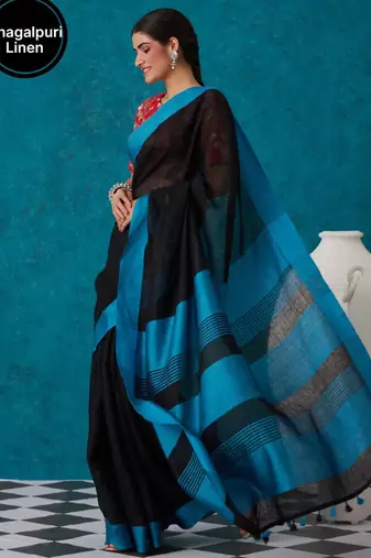 handwoven black linen saree