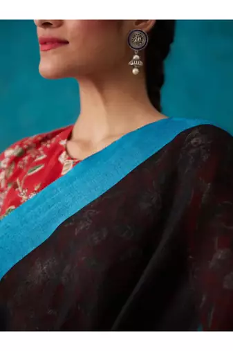 handwoven black linen saree