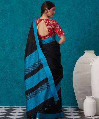 handwoven black linen saree 4