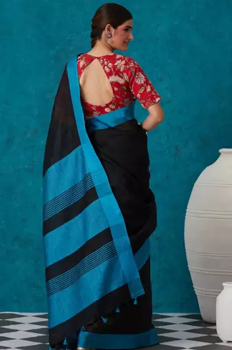 handwoven black linen saree