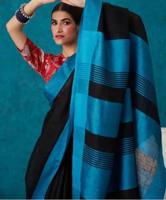 handwoven black linen saree 5