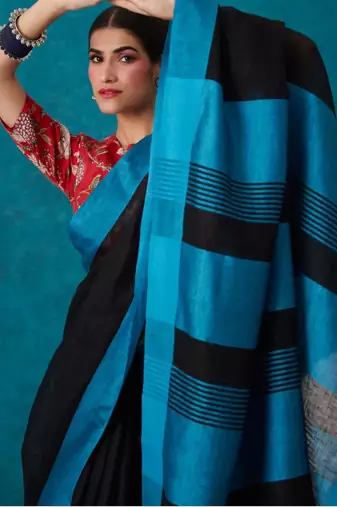 handwoven black linen saree