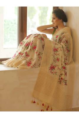 Ivory handwoven embroidered silk linen saree 1