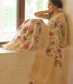 Ivory handwoven embroidered silk linen saree