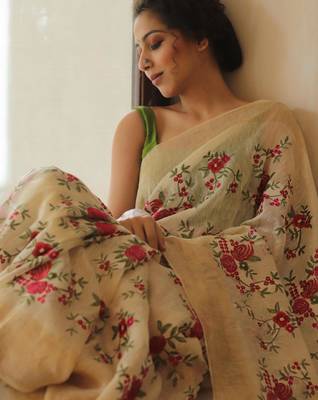 Ivory handwoven embroidered silk linen saree 2