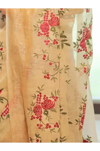 Ivory handwoven embroidered silk linen saree