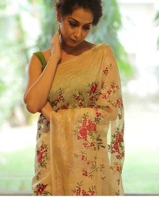 Ivory handwoven embroidered silk linen saree 5
