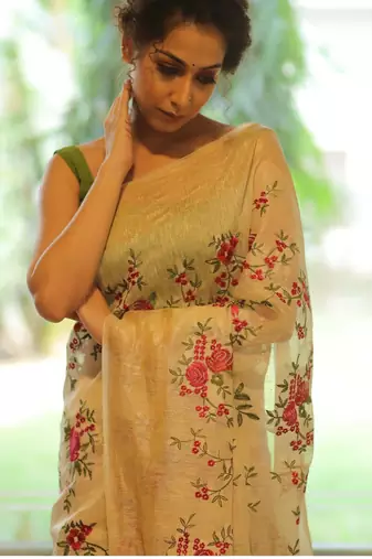 Ivory handwoven embroidered silk linen saree