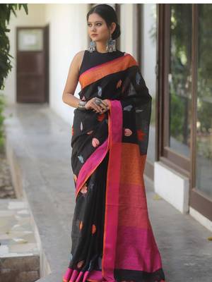 Black handwoven embroidered linen saree 1