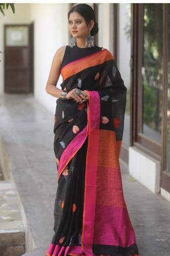Black handwoven embroidered linen saree