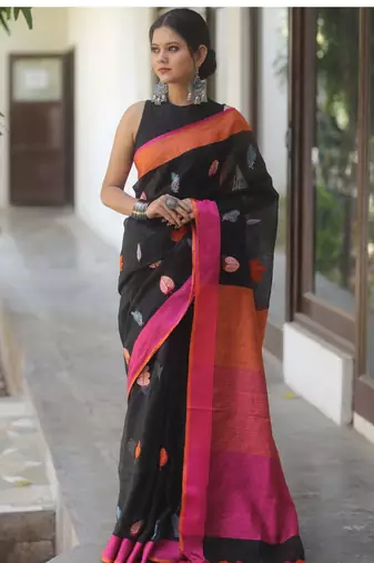 Black handwoven embroidered linen saree