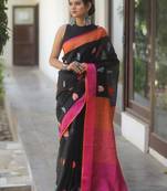 Black handwoven embroidered linen saree