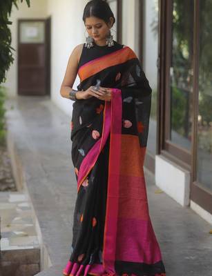 Black handwoven embroidered linen saree 2