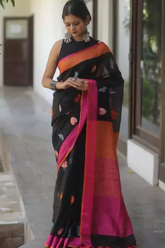 Black handwoven embroidered linen saree