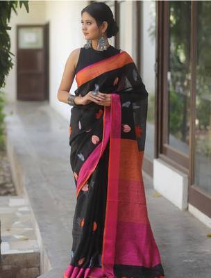 Black handwoven embroidered linen saree 3