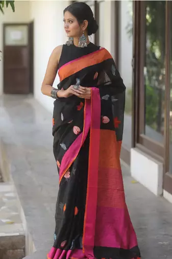 Black handwoven embroidered linen saree