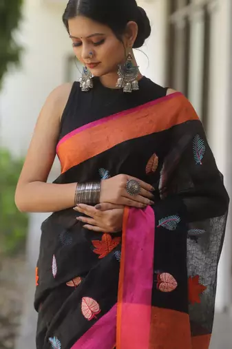 Black handwoven embroidered linen saree