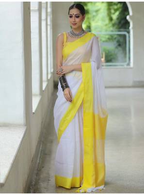 handwoven white linen saree 1