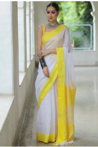handwoven white linen saree