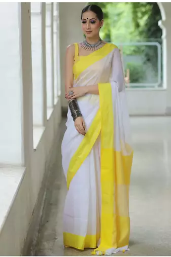 handwoven white linen saree